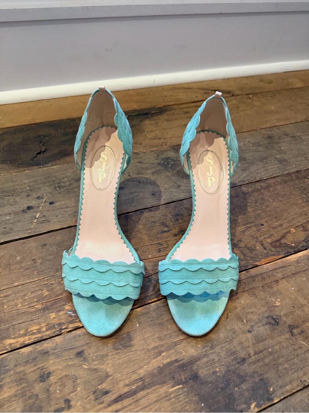 SJP by Sarah Jessica Parker Teal Scalloped Suede Open-Toe Heels